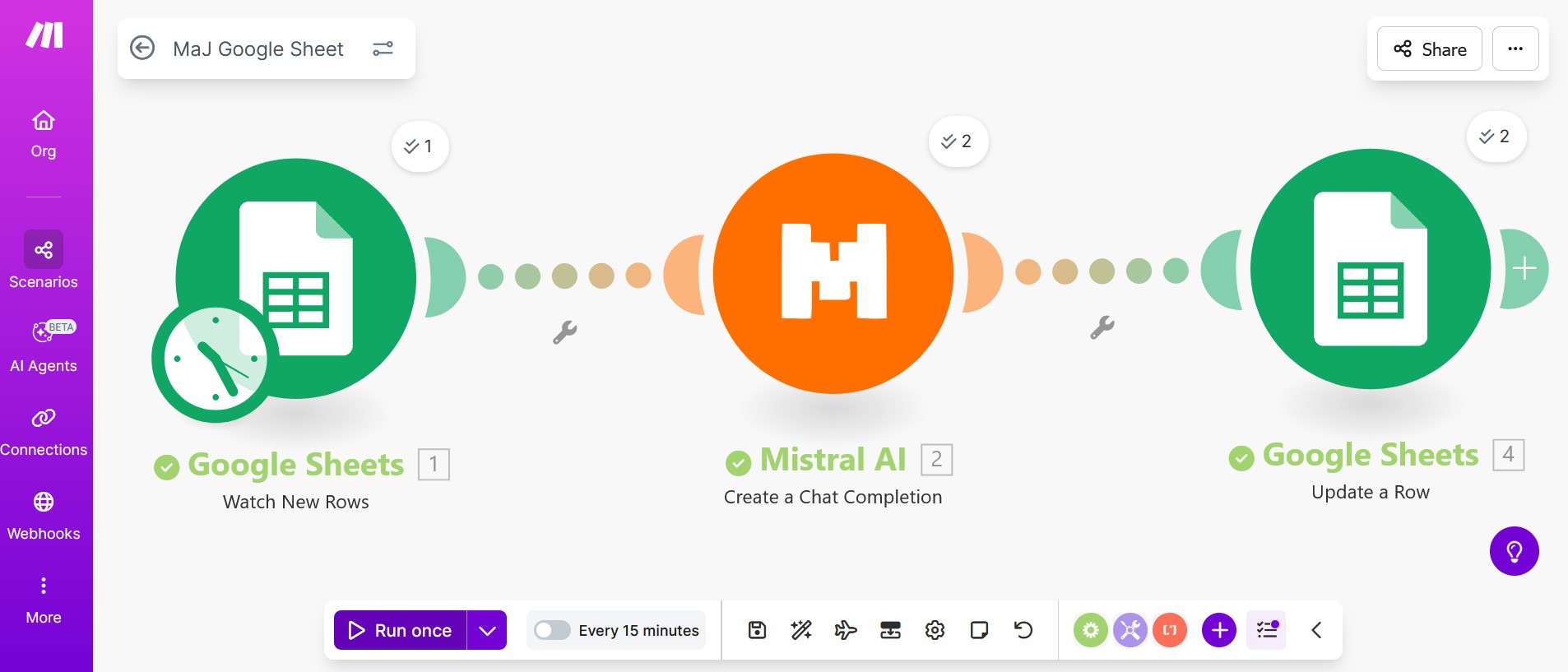 Capture d'écran Make - Bouton Run pour lancer un scenario