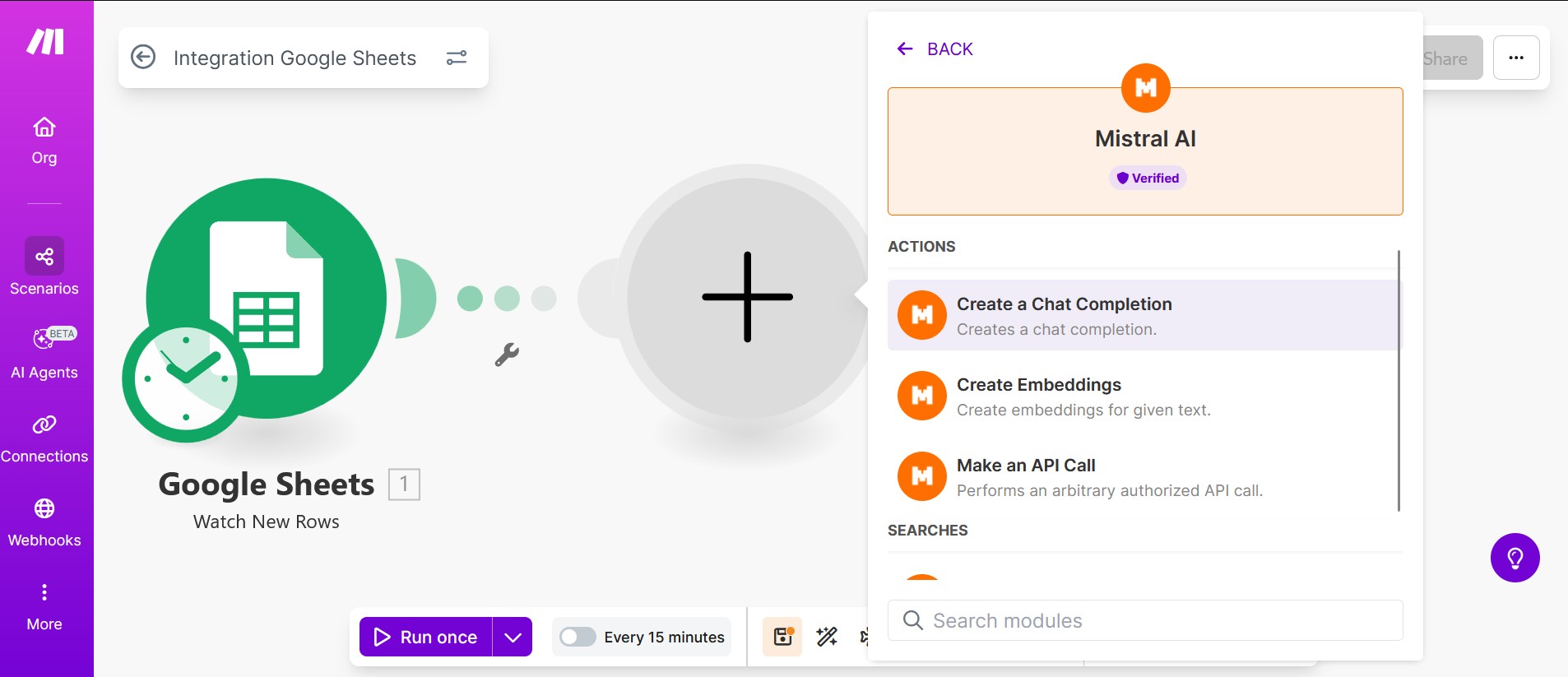 Capture d'écran Make - Ajout du module Mistral "Create a chat Completion"