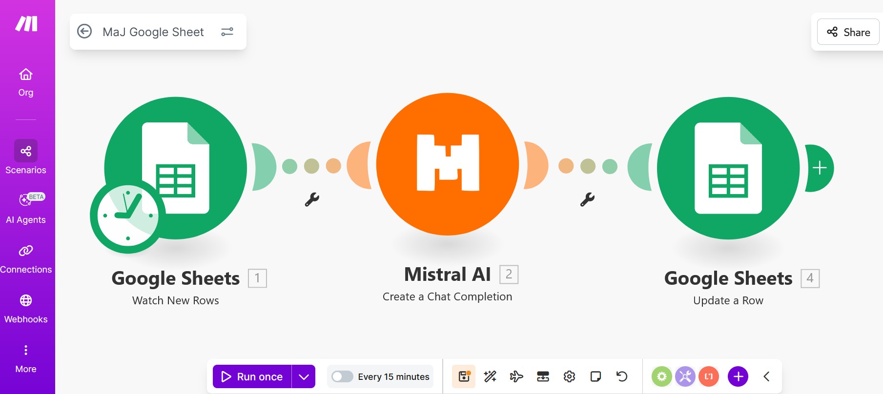 Capture d'écran de Make pour scenario de MaJ de fichier Google Sheet