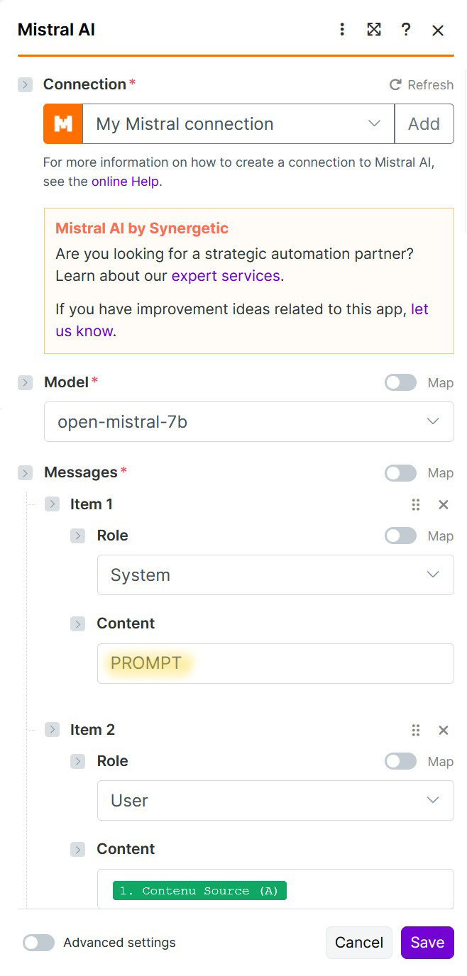 Capture d'écran de Make pour l'app Mistral - Create a Chat Completion