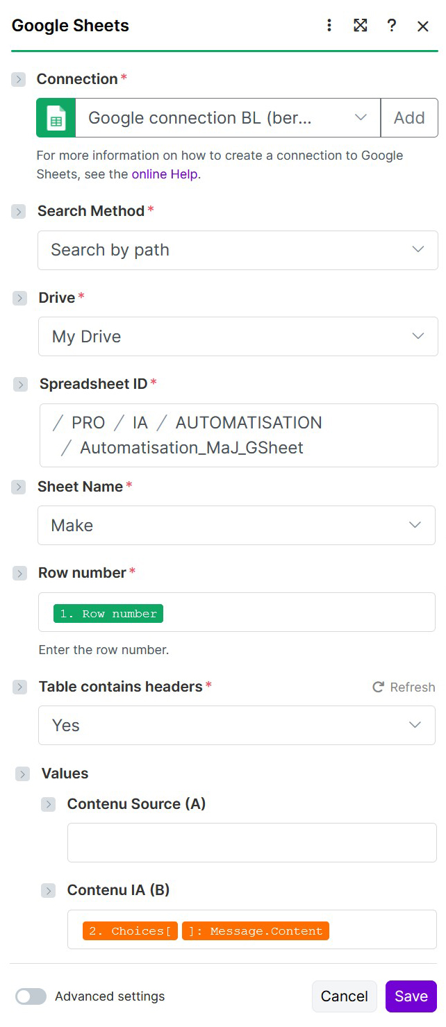 Capture d'écran de Make - App Google Sheet "Upadte a row"