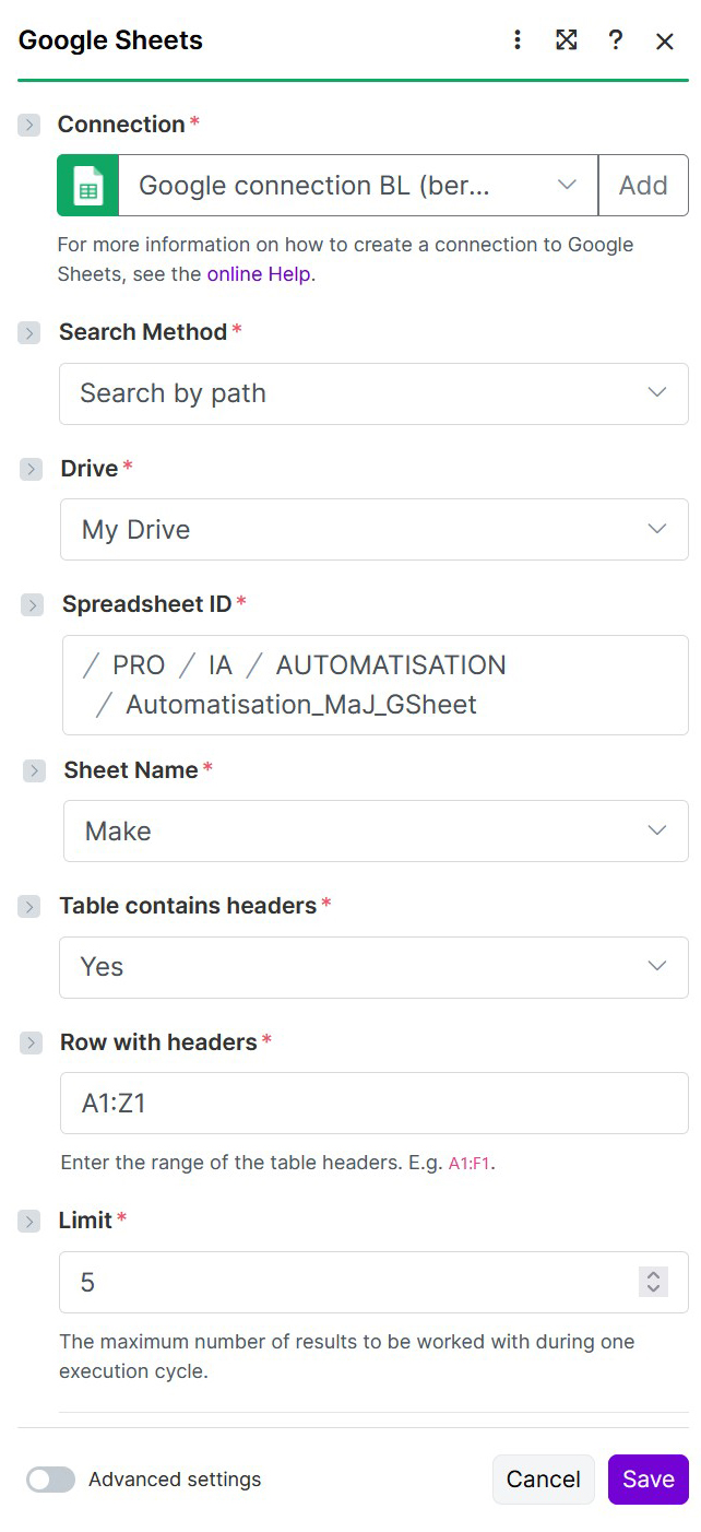 Capture d'écran de Make - App Google Sheet "Watch NewRow"